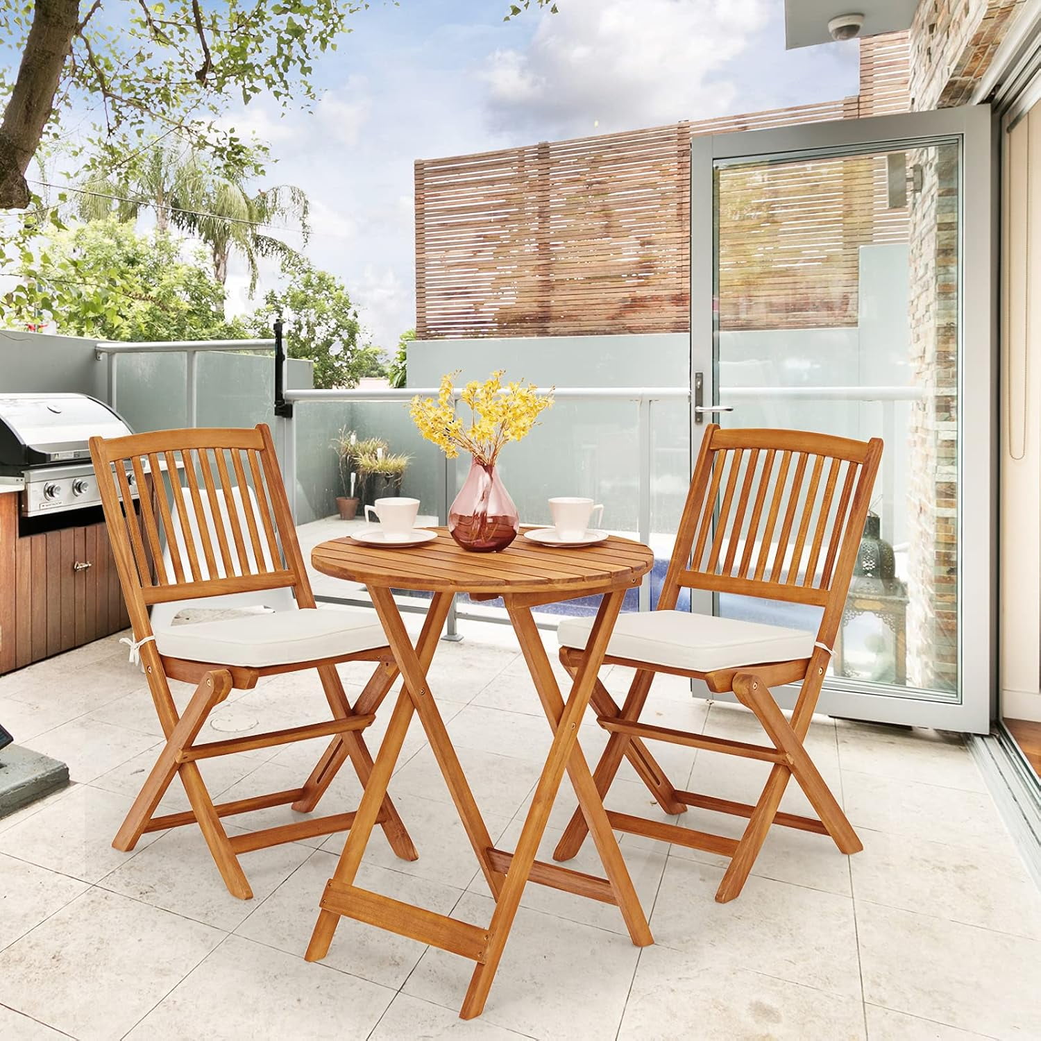 3 Pieces Patio Bistro Set, Acacia Wood Folding Bistro Set with Round ...