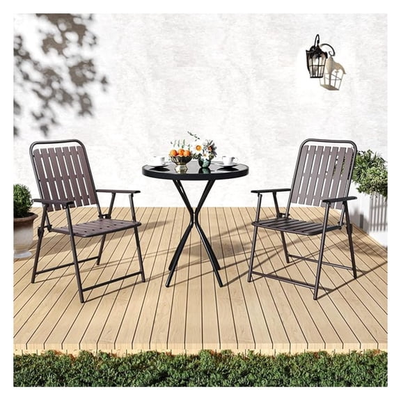 3 Pieces Patio Bistro Set Folding Small Table Chairs Set for 2 Outdoor Bistro Furniture Sets with Glass Coffee Table for Lawn Backyard Balcony Poolside