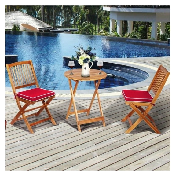 3 Pieces Patio Bistro Set Folding Wooden Chairs & Table, Cushioned Acacia Wood Outdoor Furniture for Small Spaces, Balcony, Garden, White/Navy/Red