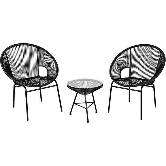 3 Pieces Patio Bistro Set, Outdoor Furniture Set Acapulco Chairs with Plastic Rope, Tempered Glass Table, All Weather Patio Furniture for Balcony, Porch, Garden, Backyard
