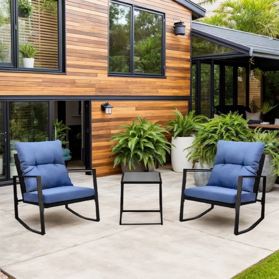 3 Pieces Patio Bistro Set, Outdoor Rocking Chair with Cushion & Table for Yard Garden Poolside, Blue