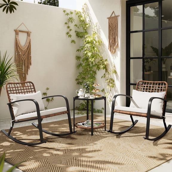 Mugovelo 3-Piece Outdoor Bistro Set, Rocking Patio Chairs with Handwoven Rattan Coffee Table, Space-Saving 2-Seater Balcony Furniture with Cushions