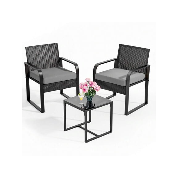 3 Pieces Patio Bistro Set, Wicker Outdoor Patio Furniture Set, Rattan Conversation Patio Chairs With Glass Table, Furniture Set With Cushion For Balcony, Front Porch, Garden, Poolside