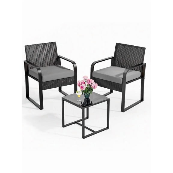 3 Pieces Patio Bistro Set, Wicker Outdoor Patio Furniture Set, Rattan Conversation Patio Chairs With Glass Table, Furniture Set With Cushion For Balcony, Front Porch, Garden, Poolside
