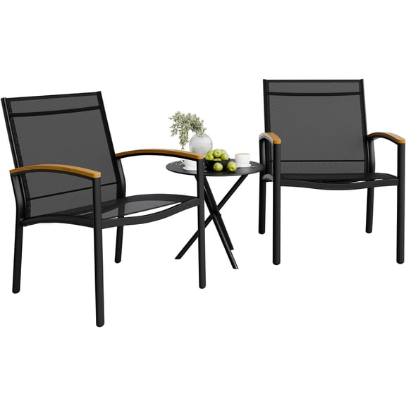 3 Pieces Patio Bistro Sets, Outdoor Textilene Fabric Conversation Bistro Set, Textilene Fabric Front Porch Chairs Small Patio Furniture Set with Table for Lawn,Garden,Balcony (Black)