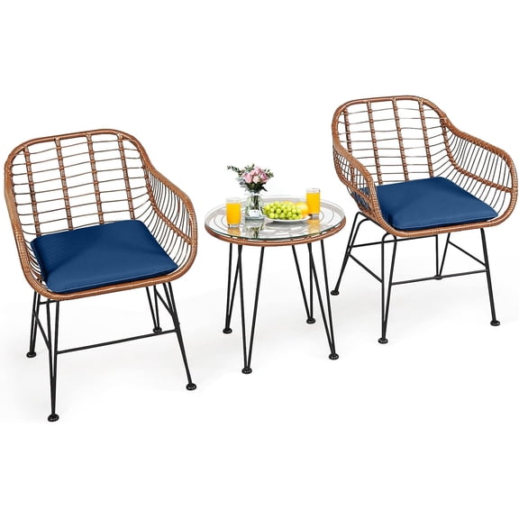 3 Pieces Patio Conversation Bistro Set, Outdoor Wicker Furniture w/Round Tempered Glass Top Table & 2 Rattan Armchairs, Bistro Chat Set w/Seat Cushions for Porch, Backyard, Garden