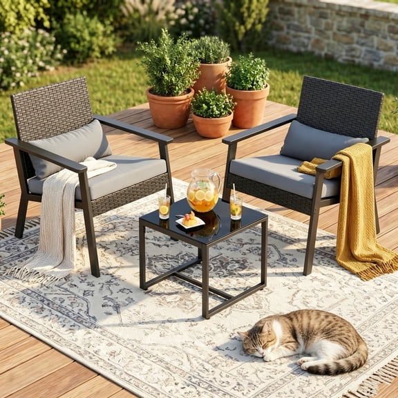 3 Pieces Patio Conversation Set, Lofka Outdoor PE Rattan Patio Porch Furniture Set with 2 Lumbar Pillows, 2 Chairs, Glass Coffee Table & Soft Cushions for Garden/Deck/Courtyard/Poolside, Gray