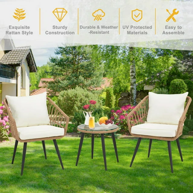 3 Pieces Patio Conversation Set Outdoor Furniture Wicker Rattan Chair with Cushions Bistro Sets Glass Top Coffee Side Table Seating Sectional Garden Balcony Backyard Poolside Sunroom Boho