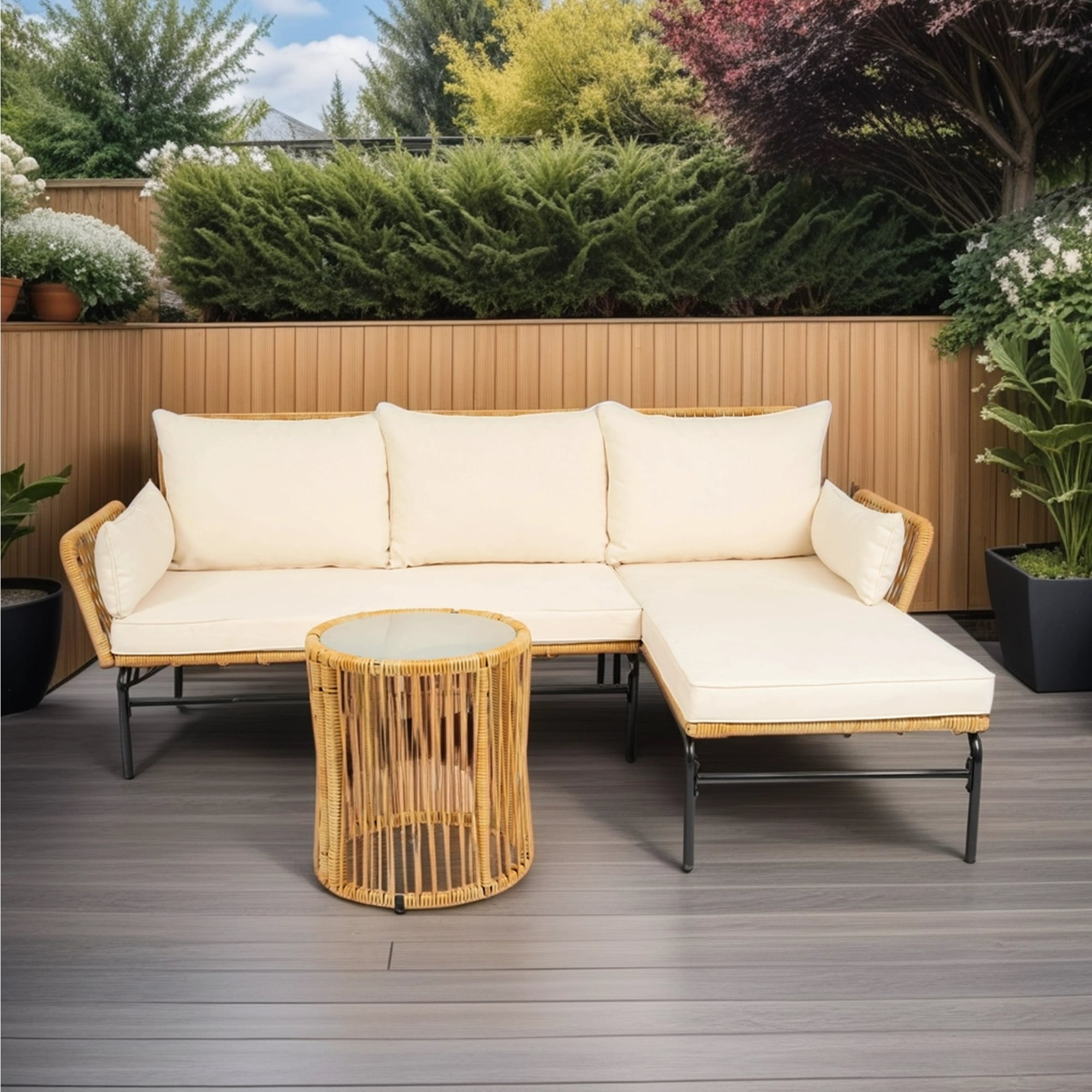 3 Pieces Patio Conversation Set,Wicker Furniture Sets,All-Weather Outdoor Sectional Sofa Set with Table & Cushions for Patio Deck Garden Poolside Yard,Light Yellow