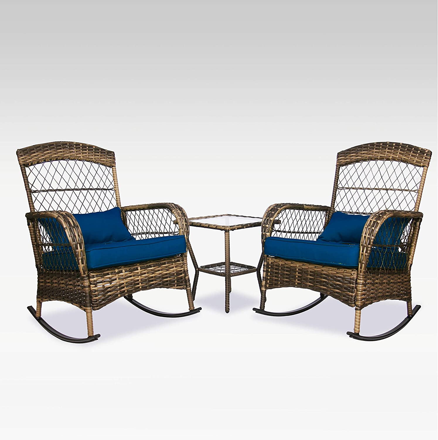 3 Pieces Patio Conversation Set w/ 2 Rattan Wicker Rocking Chairs and ...
