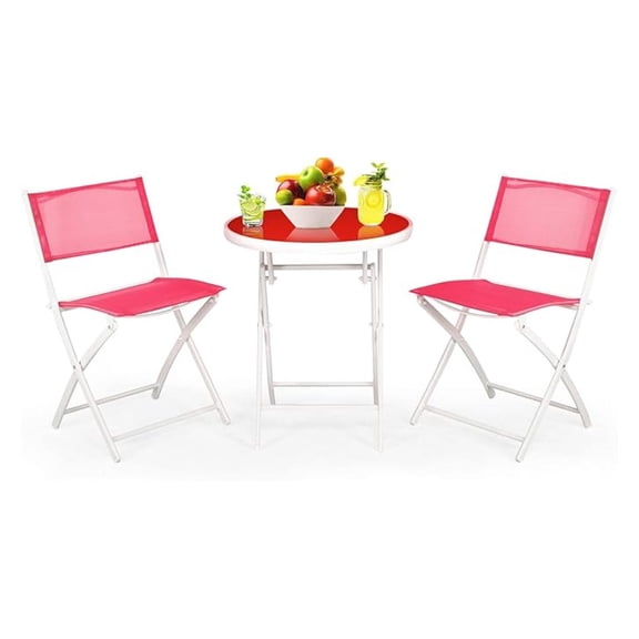 3 Pieces Patio Folding Bistro Set, Outdoor Foldable Chair & Table Set with Breathable Fabric, Tempered Glass , Small Conversation Furniture Set for Porch Balcony Poolside Yard