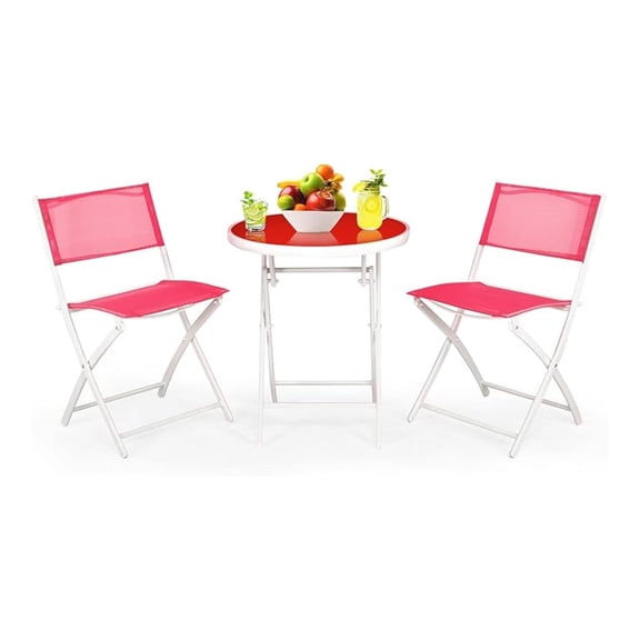 3 Pieces Patio Folding Bistro Set, Outdoor Foldable Chair & Table Set with Breathable Fabric, Tempered Glass , Small Conversation Furniture Set for Porch Balcony Poolside Yard