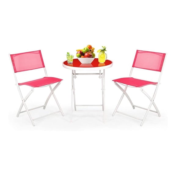 3 Pieces Patio Folding Bistro Set, Outdoor Foldable Chair & Table Set with Breathable Fabric, Tempered Glass , Small Conversation Furniture Set for Porch Balcony Poolside Yard