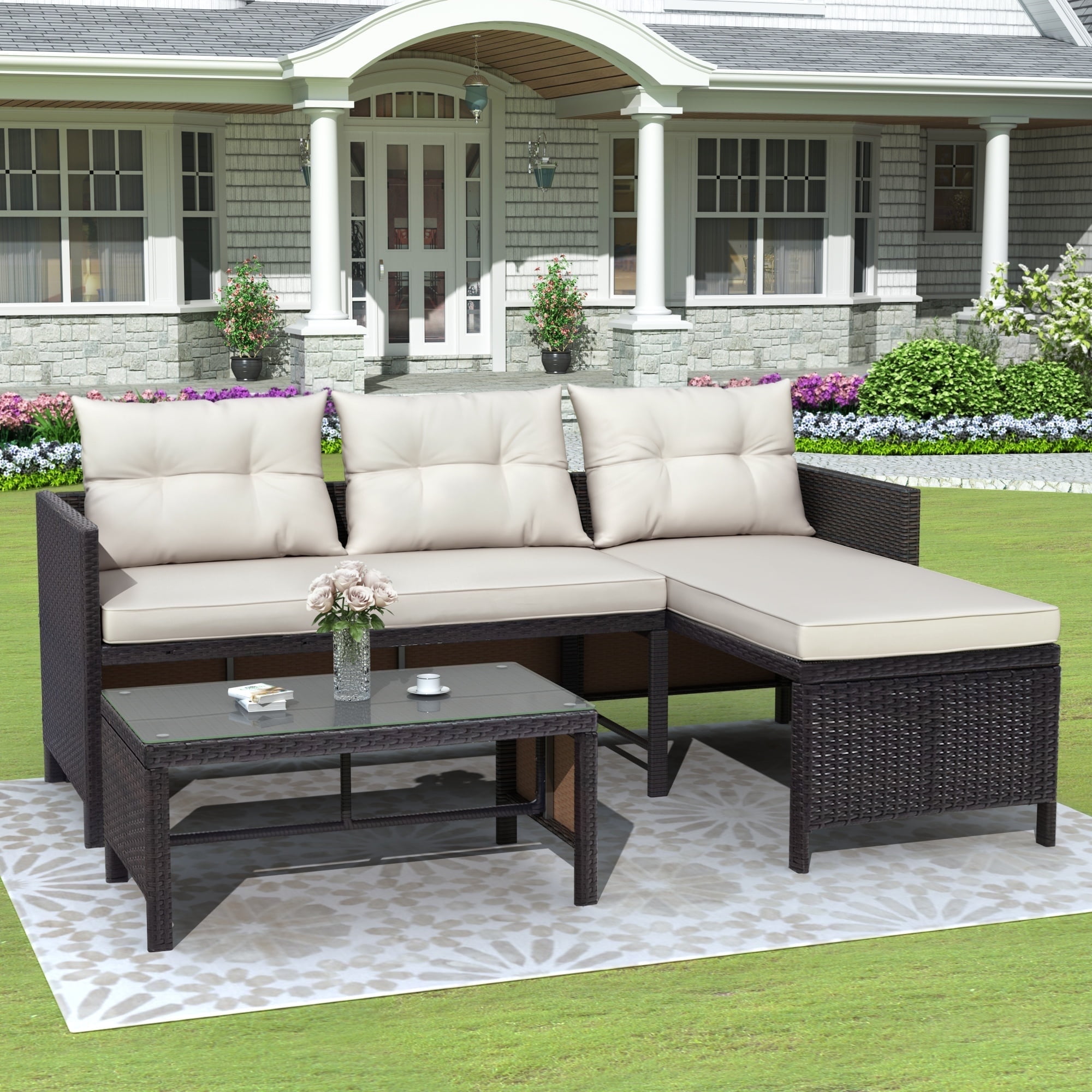 3 Pieces Patio Furniture Sectional Set, Outdoor Furniture Set with Two-Seater Sofa, Lounge Sofa, Table & Cushions, PE Rattan Wicker Bistro Set, Conversation Set for Garden, Backyard, Pool, B632