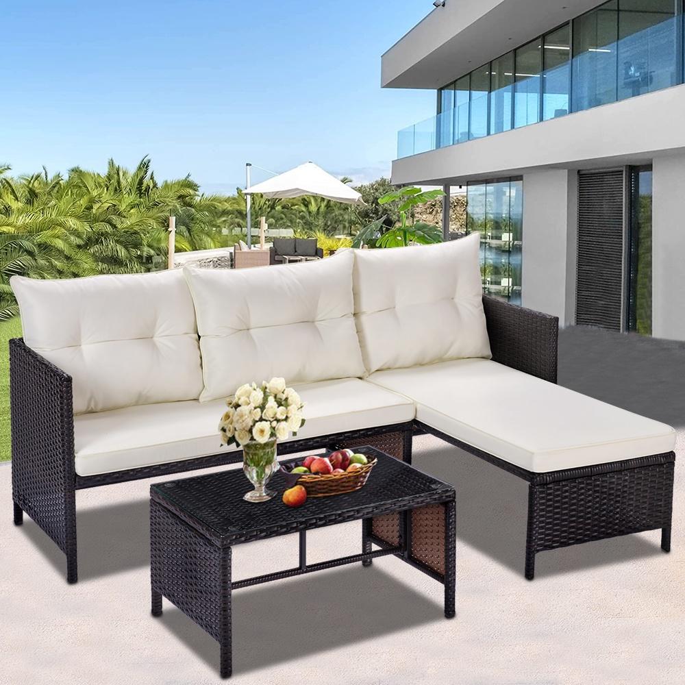 3 Pieces Patio Furniture Sectional Set, Outdoor Furniture Set with Two-Seater Sofa, Lounge Sofa, Table & Cushions, PE Rattan Wicker Bistro Set, Conversation Set for Garden, Backyard, Pool, B632 - image 1 of 10