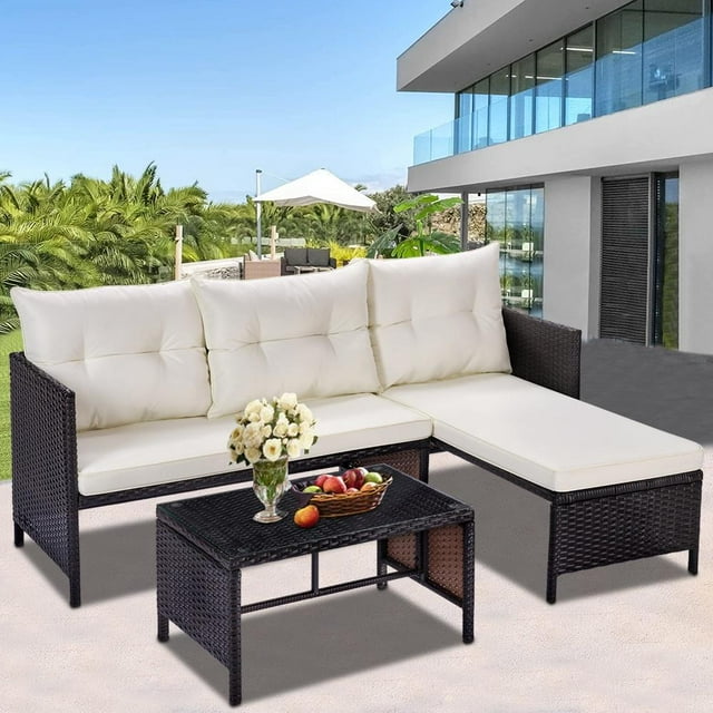 3 Pieces Patio Furniture Sectional Set, Outdoor Furniture Set with Two-Seater Sofa, Lounge Sofa, Table & Cushions, PE Rattan Wicker Bistro Set, Conversation Set for Garden, Backyard, Pool, B632