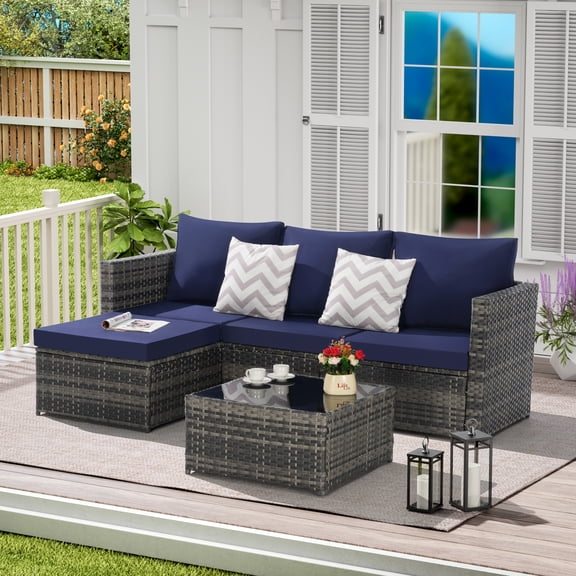 3 Pieces Patio Furniture Set,All-Weather Outdoor Woven Sectional L- Shaped Sofa with Ottoman,Wicker Conversation Set with Tempered Glass Coffee Table for Backyard Poolside,Dark Blue