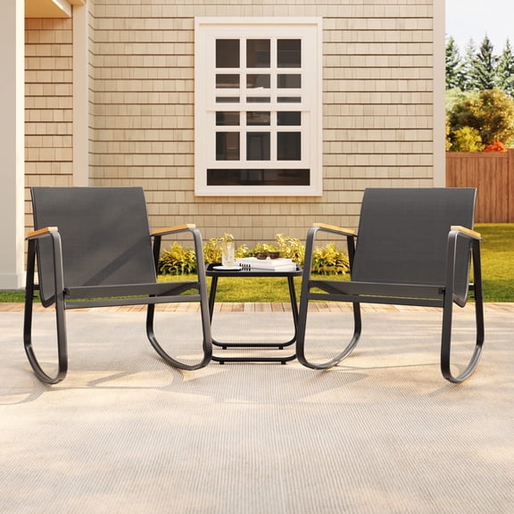 Asofer 3-Piece Patio Bistro Set, Outdoor Furniture Set with Coffee Table & Wood Handrail, Black