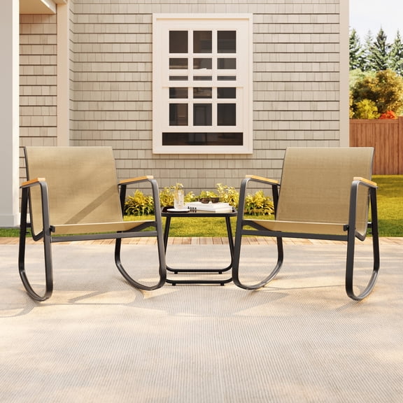Asofer 3-Piece Outdoor Rocking Bistro Set, Patio Furniture Set with Glass Table for Poolside, Porch, Lawn, Brown