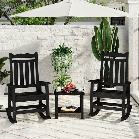3 Pieces Patio Furniture Set, HIPS Outdoor Rocking Chairs Set Of 2 With Outdoor Side Table, Ergonomic All Weather Porch Rocker Patio Chairs Set for Garden Lawn Poolside Backyard Balcony Courtyard