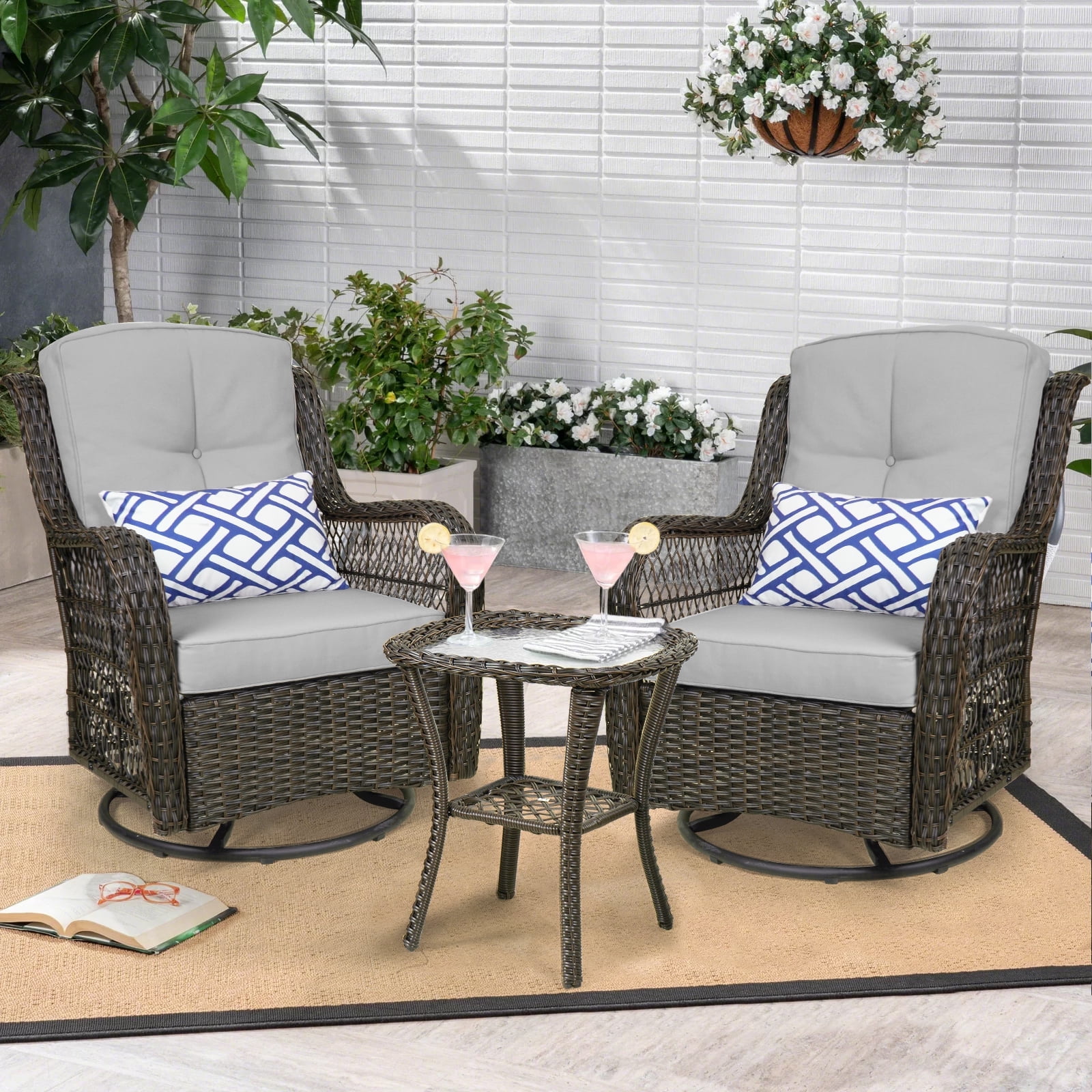 Auzfy 3 Piece Outdoor Wicker Swivel Rocking Patio Chairs with Side ...