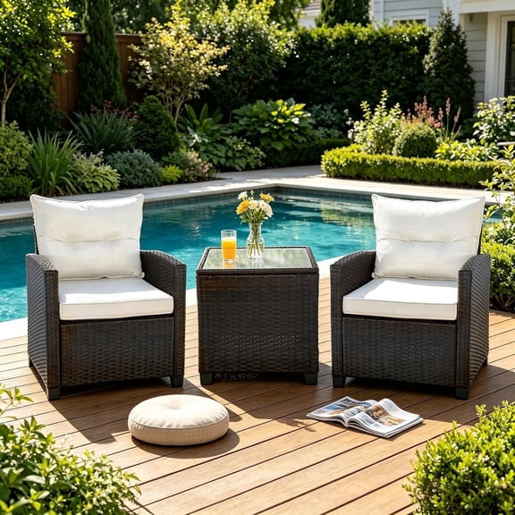 3 Pieces Patio Furniture Set, Outdoor Conversation Set with Cushions, PE Rattan Wicker Bistro Set and Tempered Glass Tabletop, Outdoor Rattan Sofa for Poolside,Balcony, Porch (White)