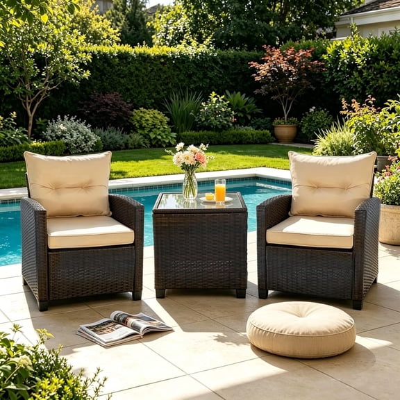 3 Pieces Patio Furniture Set, Outdoor Conversation Set with Cushions, PE Rattan Wicker Bistro Set and Tempered Glass Tabletop, Outdoor Rattan Sofa for Poolside,Balcony, Porch (Beige)