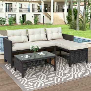 3 Pieces Patio Furniture Set, Outdoor Cushioned Sectional Sofa Set with Two-Seater Sofa, Lounge Sofa, Glass Coffee Table, PE Wicker Conversation Set for Backyard, Balcony, Poolside, Deck, D6027