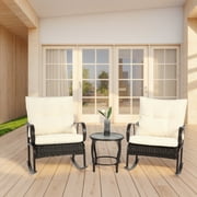 3 Pieces Patio Furniture Set,Outdoor Rocking Bistro Set Rattan Conversation with Coffee Table for Garden Balcony Backyard Poolside,White