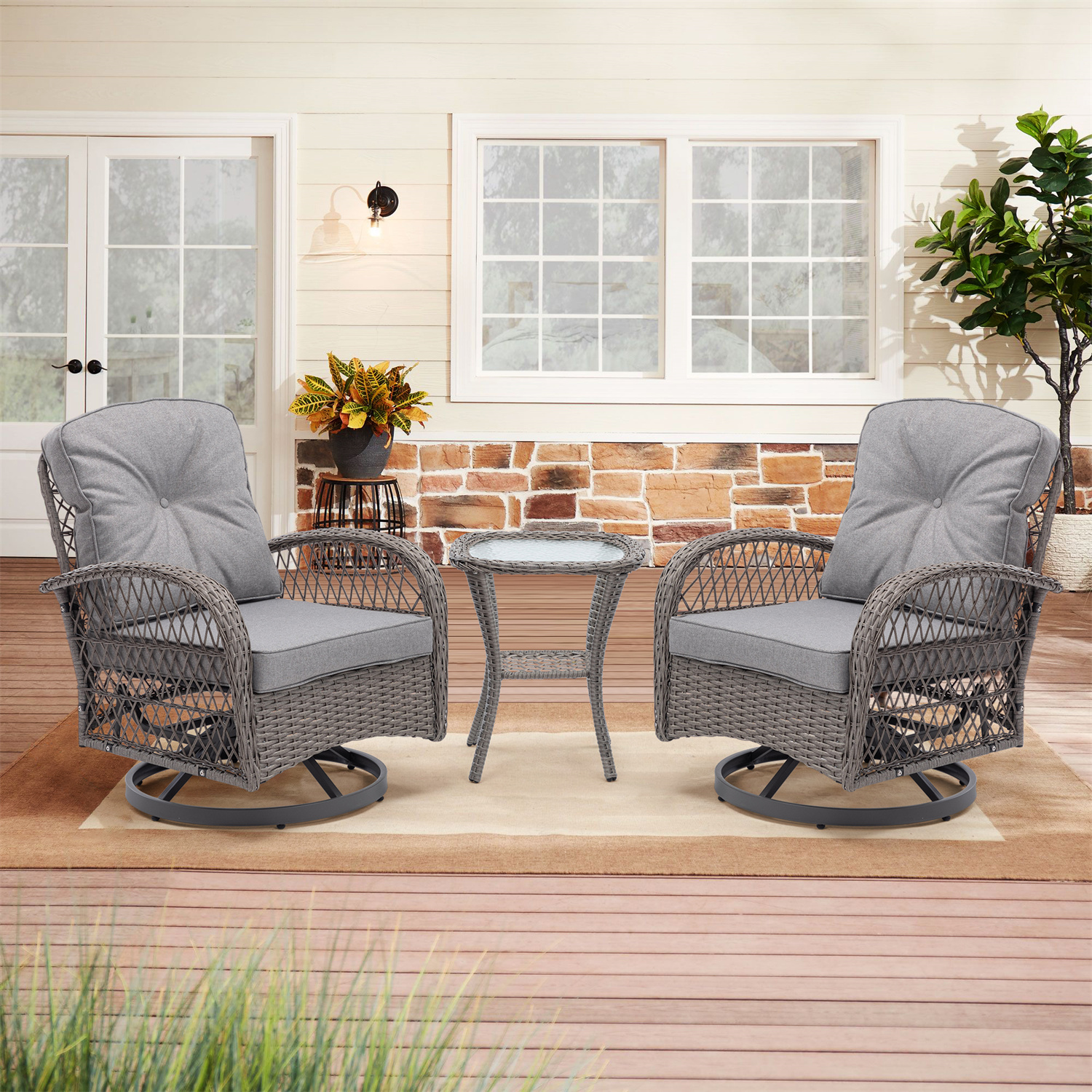3 Pieces Patio Furniture Set, Outdoor Swivel Chair Glider Rocker, Wicker Bistro Set with 2 Thick Cushions Chairs and Side Table All-Weather Rattan Conversation Set for Garden Balcony Backyard, Grey - image 1 of 1