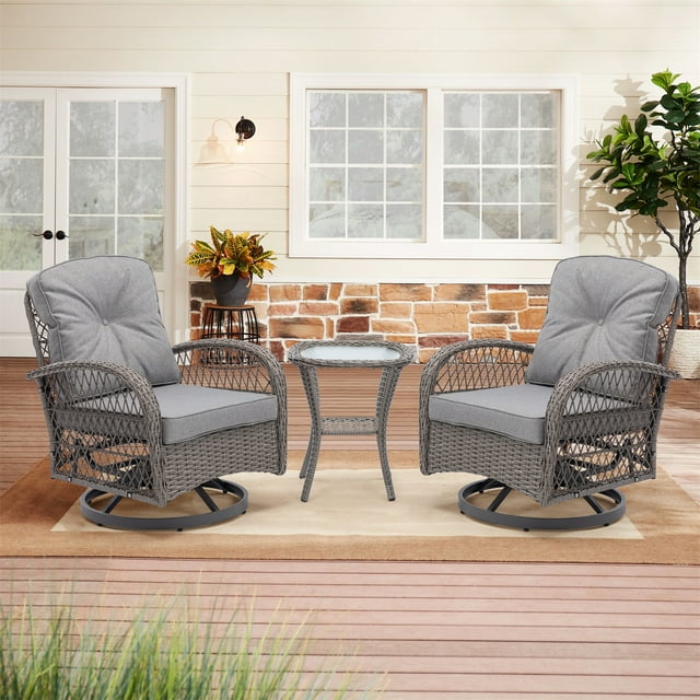 3 Pieces Patio Furniture Set, Outdoor Swivel Chair Glider Rocker, Wicker Bistro Set with 2 Thick Cushions Chairs and Side Table All-Weather Rattan Conversation Set for Garden Balcony Backyard, Grey