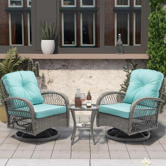 3 Pieces Patio Furniture Set, Outdoor Swivel Chairs Set with Table, Rattan Swivel Rocker Lounge with Cushions for Porch Deck Backyard