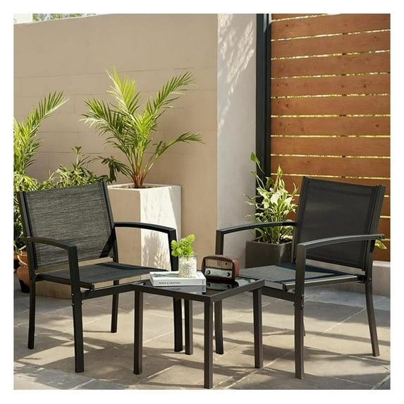 3 Pieces Patio Furniture Set Outdoor Textilene Patio Chair Set of 2 with Table Modern Conversation Porch Set for Yard, Garden, Porch and Poolside (Black)