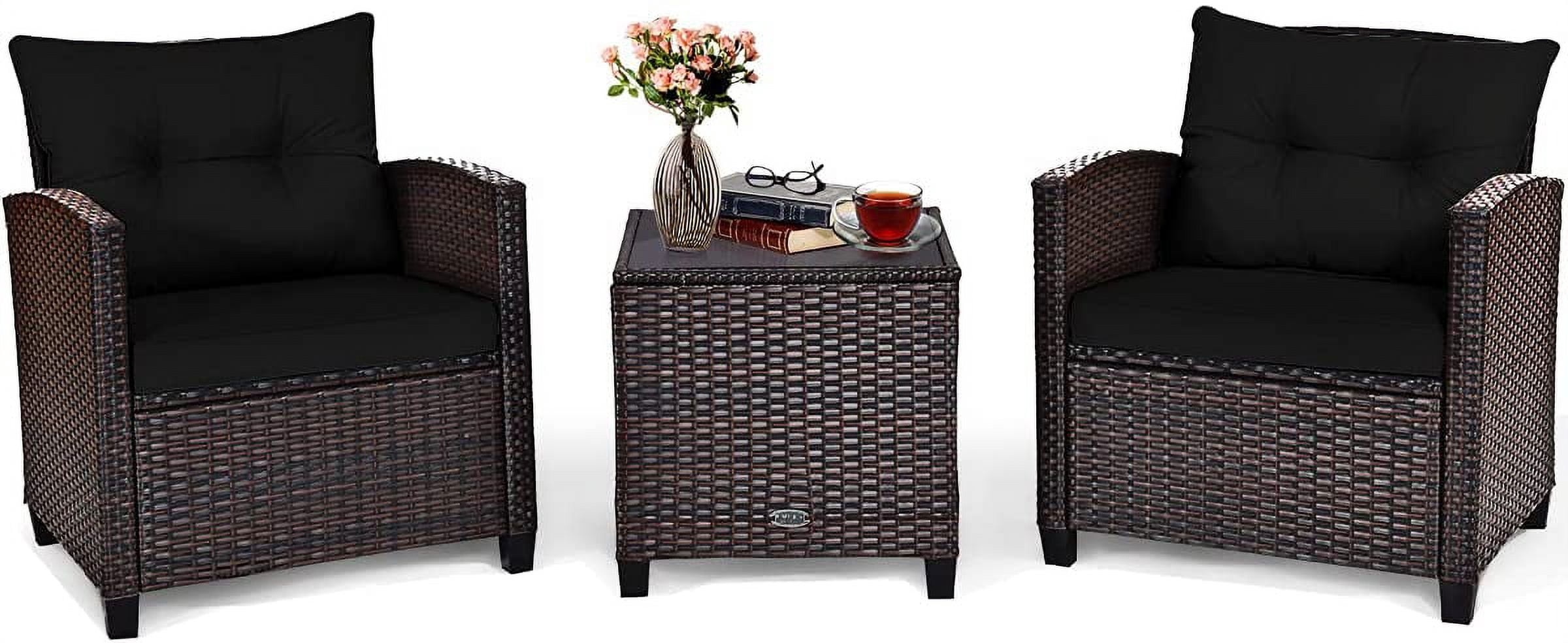 3 Pieces Patio Furniture Set, PE Rattan Wicker 3 Pcs Outdoor Sofa Set w/Washable Cushion and Tempered Glass Tabletop, Conversation Furniture for Garden Poolside Balcony (Black)