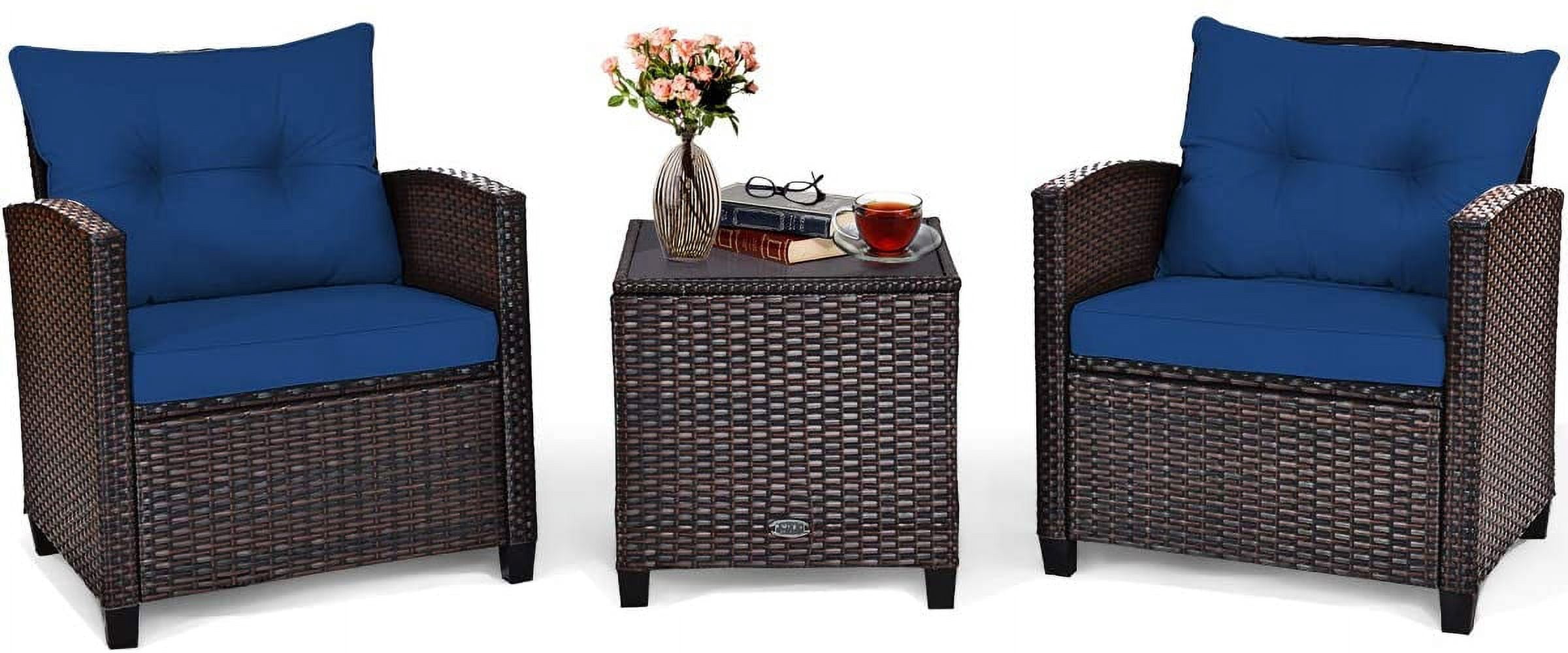 3 Pieces Patio Furniture Set, PE Rattan Wicker 3 Pcs Outdoor Sofa Set w/Washable Cushion and Tempered Glass Tabletop, Conversation Furniture for Garden Poolside Balcony (Blue)