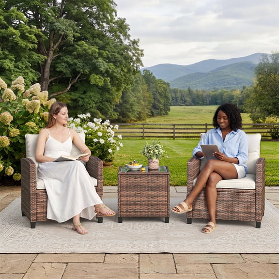 3 Pieces Patio Furniture Set, PE Rattan Wicker 3 Pcs Outdoor Sofa Set w/Washable Cushion and Tempered Glass Tabletop, Conversation Furniture for Garden Poolside Balcony