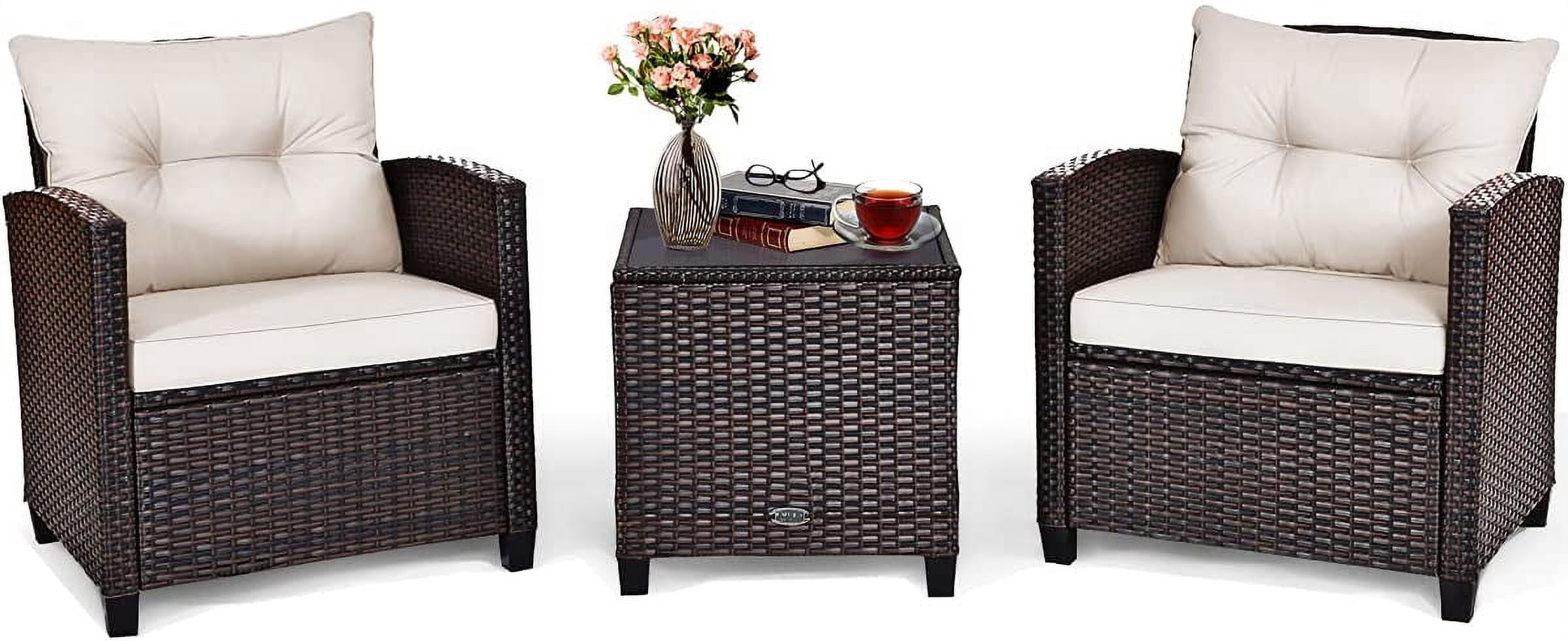 3 Pieces Patio Furniture Set, PE Rattan Wicker 3 Pcs Outdoor Sofa Set w/Washable Cushion and Tempered Glass Tabletop, Conversation Furniture for Garden Poolside Balcony (White)