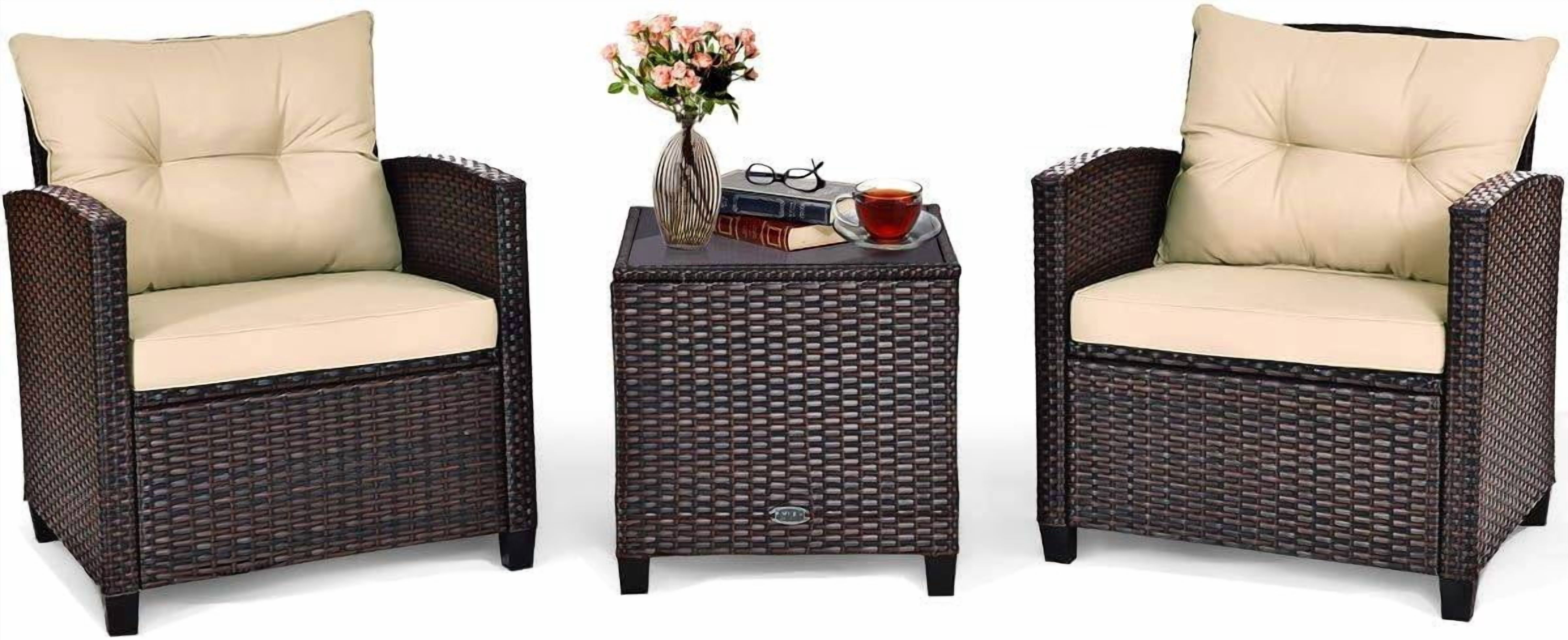 3-Piece Outdoor Patio Sofa Set with Washable Cushions and Tempered Glass Tabletop, Beige