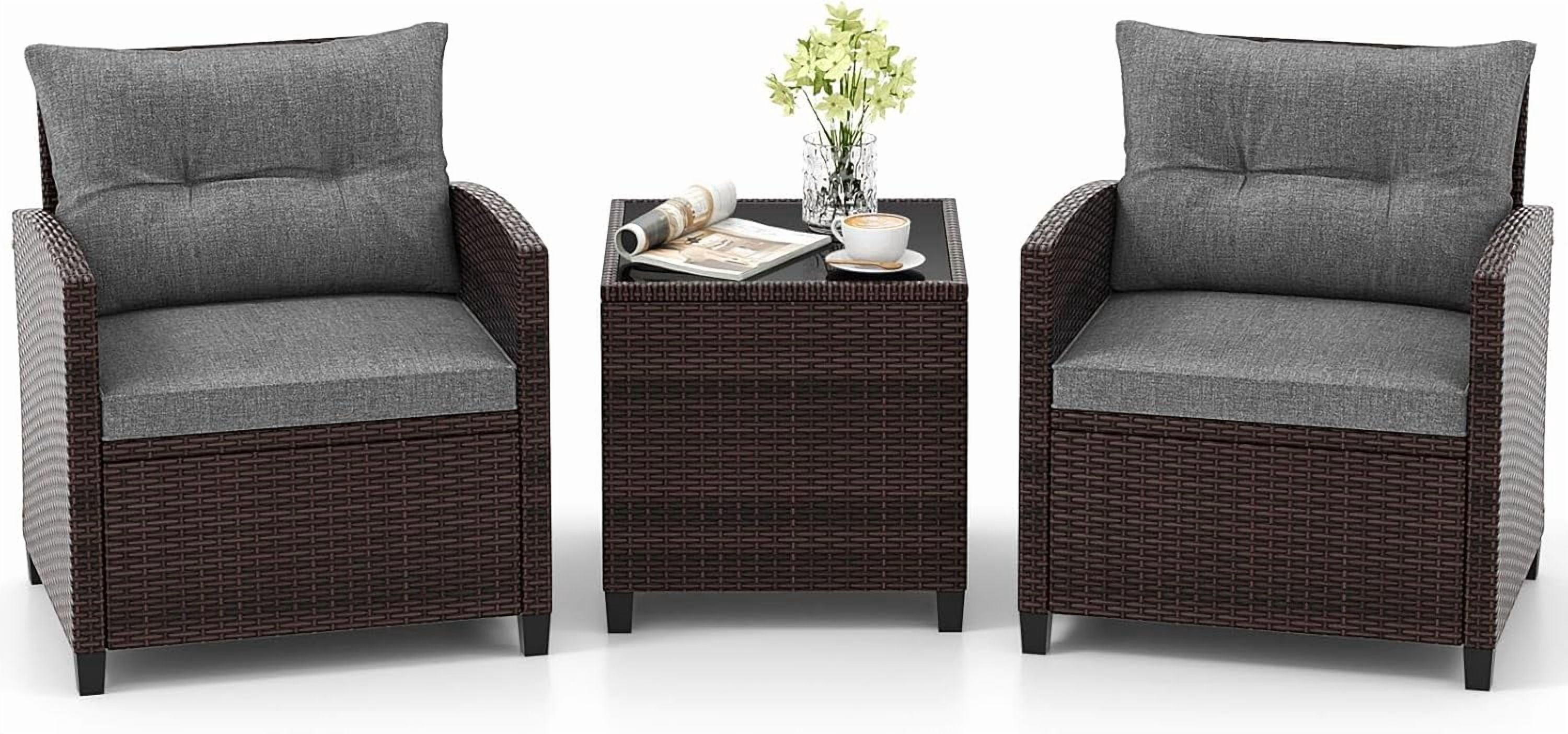 3 Pieces Patio Furniture Set, PE Rattan Wicker 3 Pcs Outdoor Sofa Set w/Washable Cushion and Tempered Glass Tabletop, Conversation Furniture for Garden Poolside Balcony (Grey)