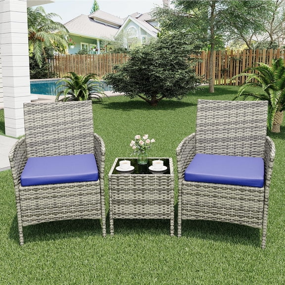 3 Pieces Patio Furniture Set, Rattan Outdoor Furniture with 2 Upholstered Chairs and Coffee Table, Conversation Bistro Set for Garden, Backyard, Porch, Grey/Blue