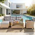 thumbnail image 1 of Patio Furniture Set on Sale, 3 Pieces PE Rattan Wicker Outdoor Sectional Conversation Sofa w/Storage Table and Cushions, Light Brown Rattan, 1 of 8