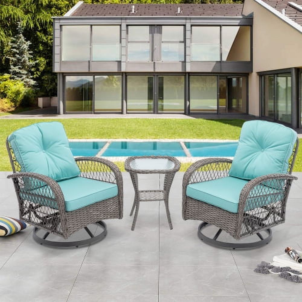 3 Pieces Patio Furniture Set, Patio Swivel Rocking Chairs Set, 2PCS Rattan Rocking Chairs and Side Table, Wicker Patio Bistro Set with Padded Cushions, for Patio Deck Porch Balcony,Blue - image 1 of 7