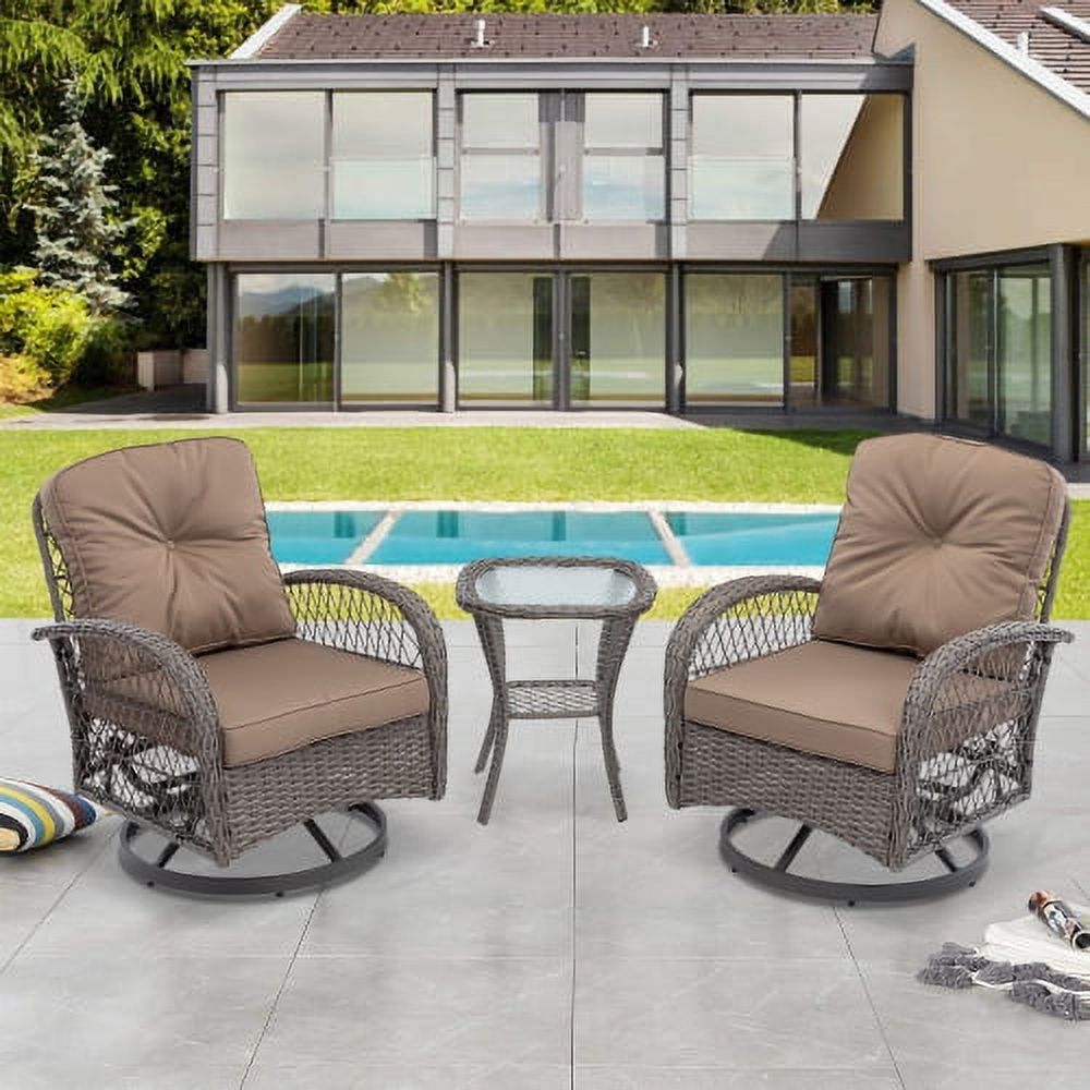 3 Pieces Patio Furniture Set, Patio Swivel Rocking Chairs Set, 2PCS Rattan Rocking Chairs and Side Table, Wicker Patio Bistro Set with Padded Cushions, for Patio Deck Porch Balcony,Coffee - image 1 of 7