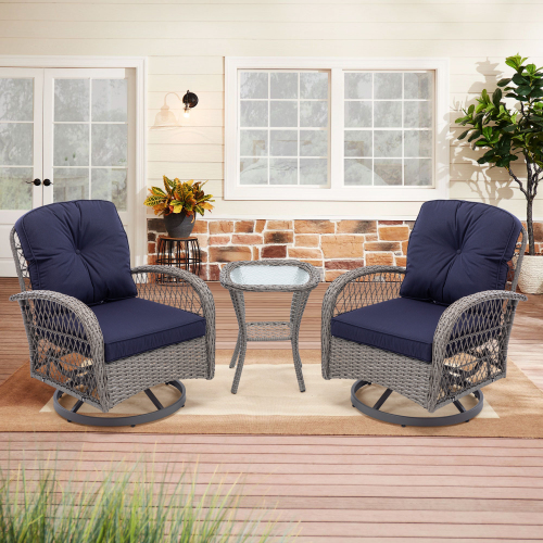 3 Pieces Patio Furniture Set, Patio Swivel Rocking Chairs Set, 2PCS Rattan Rocking Chairs and Side Table, Wicker Patio Bistro Set with Padded Cushions, for Patio Deck Porch Balcony,Navy - image 1 of 7