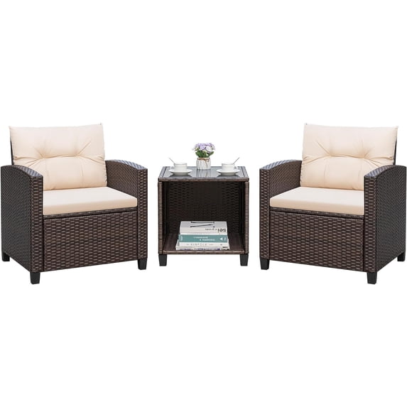 3 Pieces Patio Furniture Sets Outdoor PE Rattan Wicker Chairs with Soft Cushion and Glass Coffee Table for Garden Backyard Porch Poolside, Beige