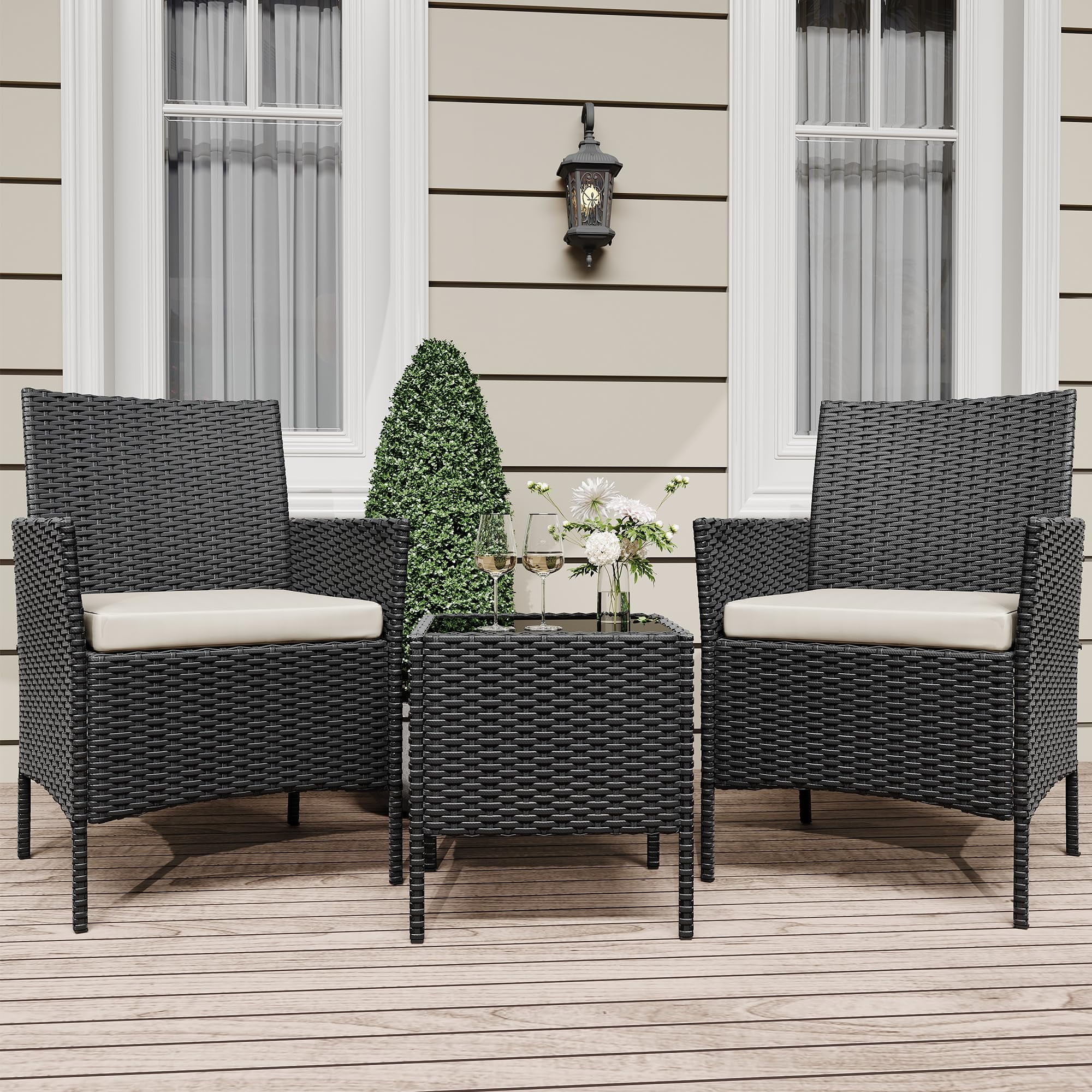 3 Pieces Patio Furniture Sets Outdoor PE Rattan Wicker Chairs with Soft Cushion and Glass Coffee Table for Garden Backyard Porch Poolside