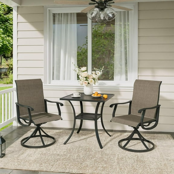 3 Pieces Patio Outdoor Bistro Table Set, 28" Square Metal Table and 2 Swivel Textilene Chairs, Patio Dining Set for Patio, Lawn, Garden, Porch, Black Frame