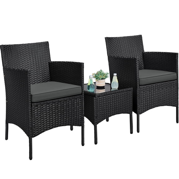 3 Pieces Patio Porch Furniture Set, Outdoor PE Rattan Wicker Conversation Set with Soft Cushions and Glass Coffee Table for Garden, Deck, Courtyard, Poolside, Black