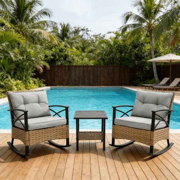 Enyopro 3 Pieces Outdoor Rocking Chair Set, Patio Rattan Furniture Set with 2 Rockers and 1 Side Table, for Porch, Backyard, Deck, Gray