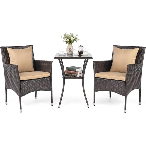 3 Pieces Patio Wicker Bistro Set, 2 Rattan Chairs w/ 2-Tier Tempered Glass Table, Outdoor Conversation Furniture Set with Cushions for Backyard, Porch, Poolside (Mix Brown+Beige)